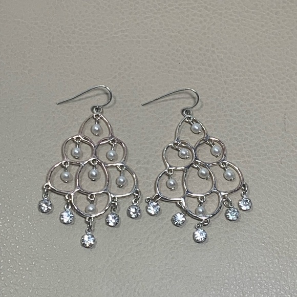 Silver Tone Chandelier Earrings with Drop Pearls & Clear Rhinestones - Picture 2 of 2